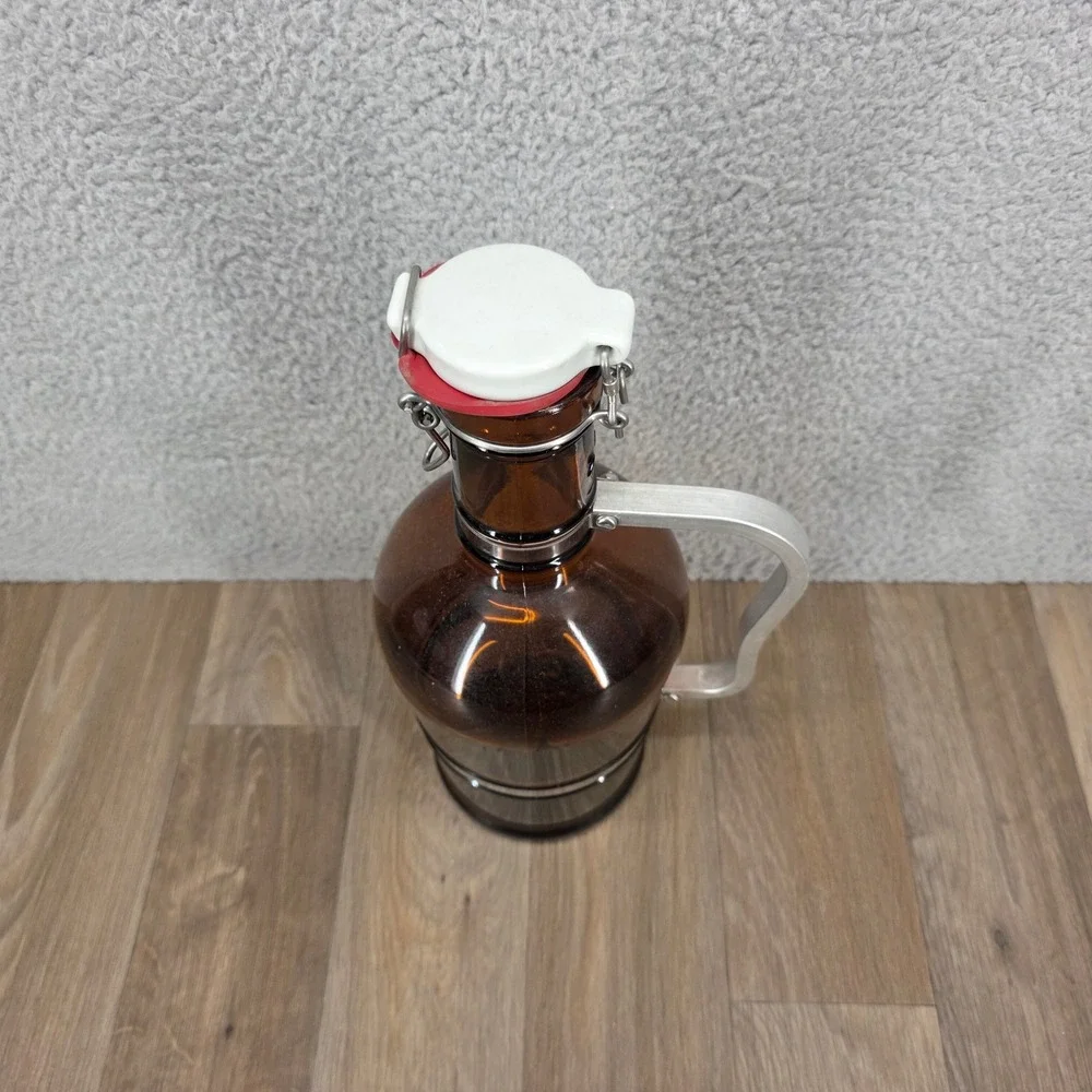Vintage Amber Glass Beer Growler with Metal Handle and Swing Top Lid 12.5